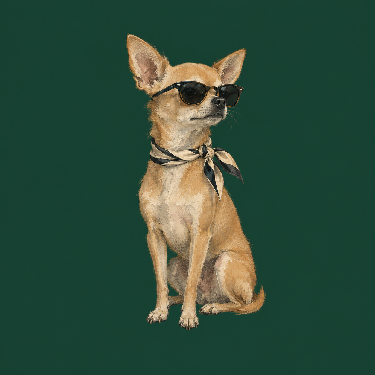 Um cachorro de óculos escuros e lenço.